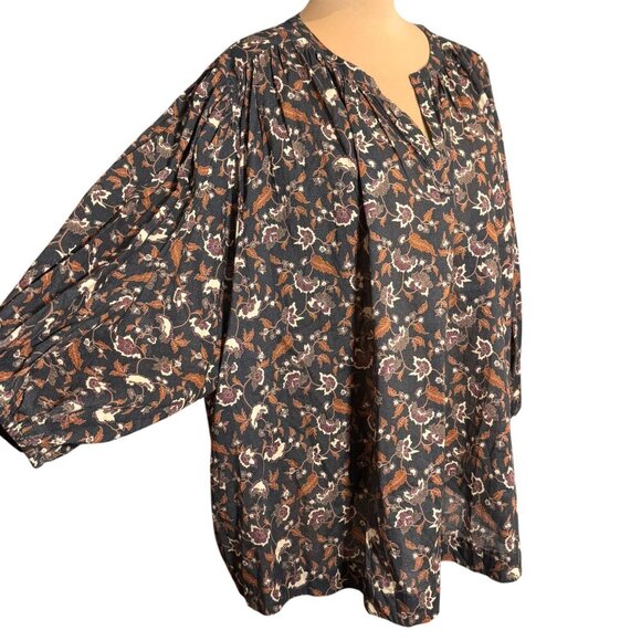 ABLE Boho Floral Top Blouse Sz.3XL Brown 100% Cotton Puff Sleeve Career Cottage - Picture 6 of 15